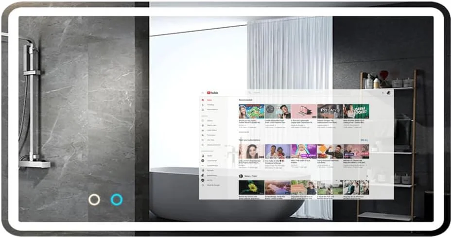 آینه دیواری بزرگ LED با صفحه لمسی هوشمند اندروید 21.5 اینچی - آینه روشنایی هوشمند مستطیلی برای حمام، راهرو، خانه یا استفاده تجاری - 99x50 سانتی متر، اندروید 11، صفحه نمایش Full HD