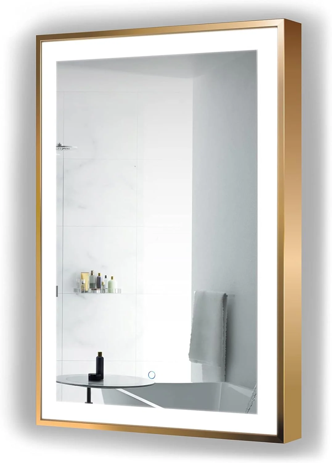 آینه قاب دار ال ای دی حمام کروگ مدل Soho | آینه روشویی دارای دیمر و ضد بخار | نصب دیواری عمودی یا افقی (طلایی، 24Wx36L)