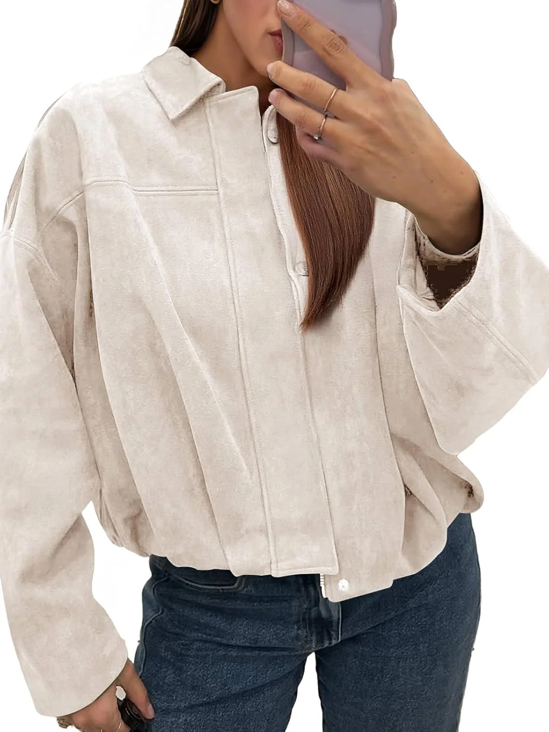 کت بمبر زنانه Cicy Bell، جنس جیر مصنوعی، سایز بزرگ، کوتاه، زیپ‌دار، یقه برگردان، مناسب پاییز، لباس بیرونی غیررسمی