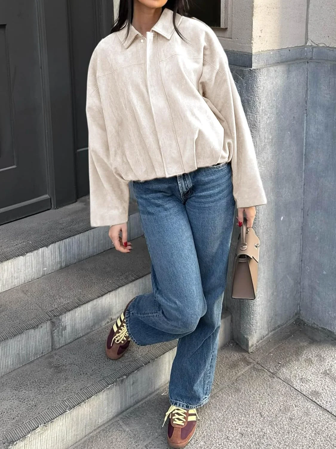 کت بمبر زنانه Cicy Bell، جنس جیر مصنوعی، سایز بزرگ، کوتاه، زیپ‌دار، یقه برگردان، مناسب پاییز، لباس بیرونی غیررسمی