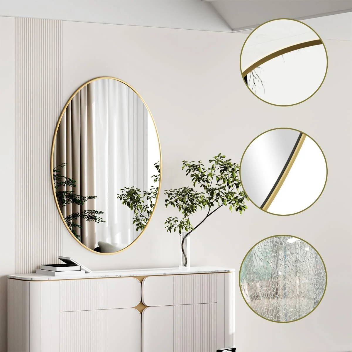 آینه بیضی طلایی Koonmi برای حمام، آینه روشویی حمام 60x80 سانتی‌متر، آینه بیضی برای اتاق خواب، اتاق نشیمن، ورودی، قابل نصب به صورت افقی یا عمودی