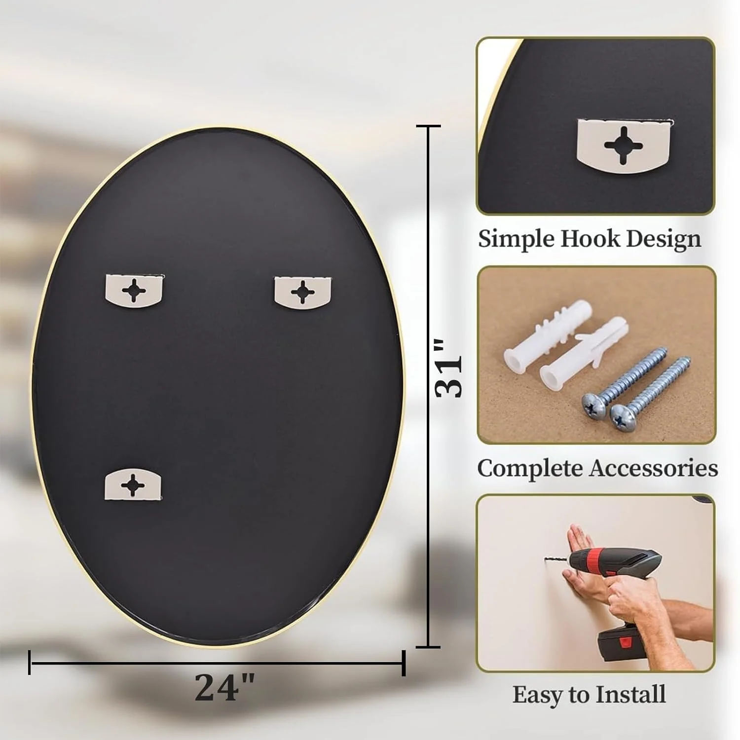 آینه بیضی طلایی Koonmi برای حمام، آینه روشویی حمام 60x80 سانتی‌متر، آینه بیضی برای اتاق خواب، اتاق نشیمن، ورودی، قابل نصب به صورت افقی یا عمودی