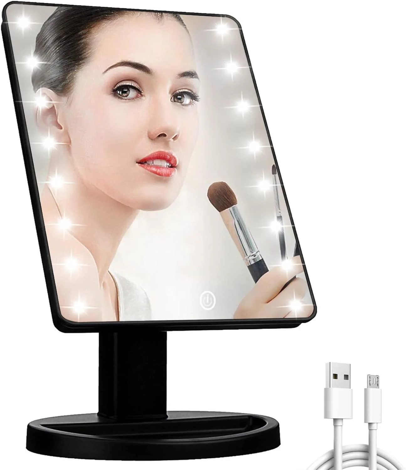 آینه آرایشی رومیزی چراغ دار KOOKIN با 16 چراغ LED، چرخش آزاد 180 درجه، صفحه لمسی با قابلیت تنظیم روشنایی، منبع تغذیه دوگانه باتری/USB، مناسب برای حمام و آرایش (مشکی)