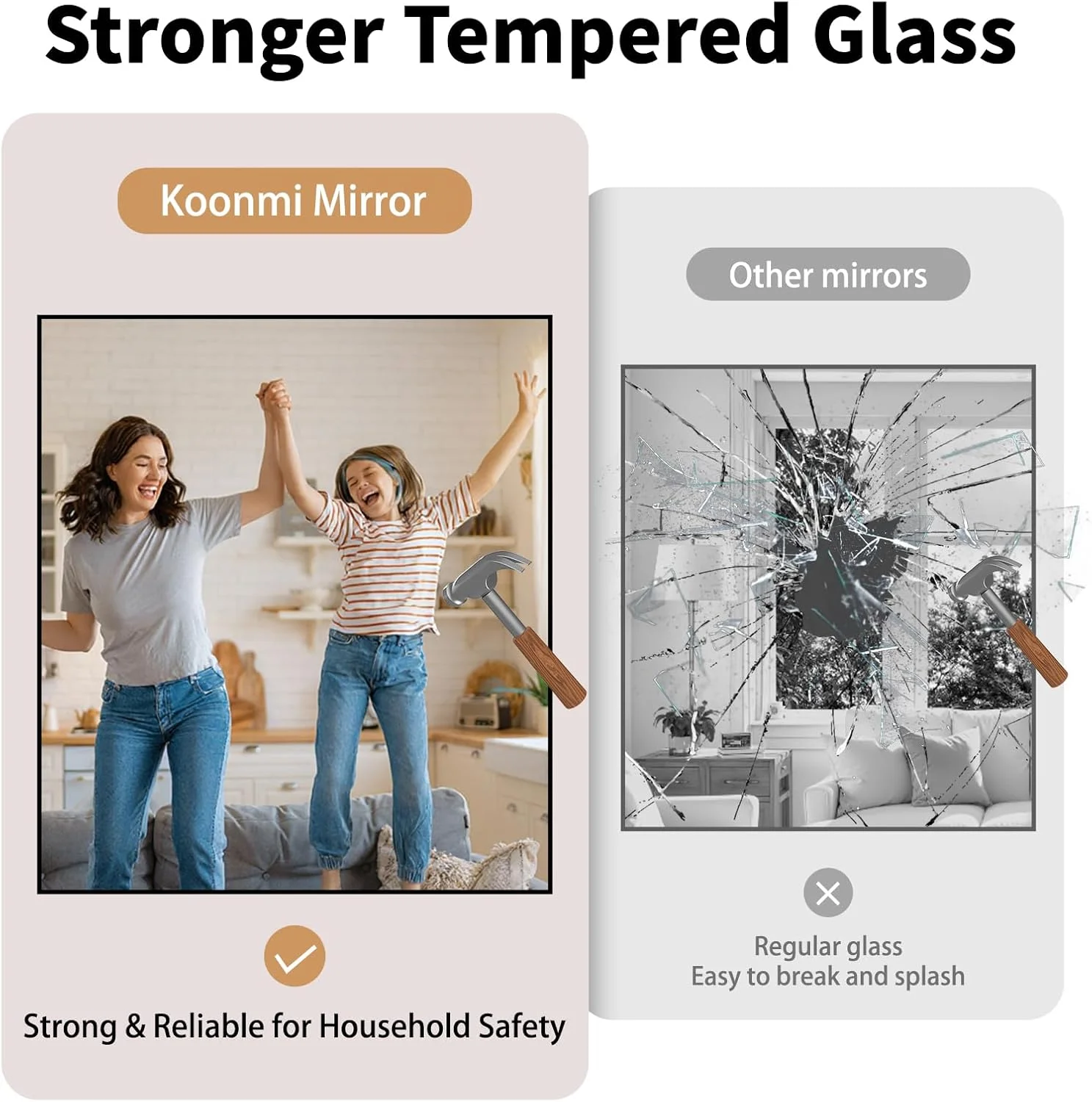 آینه حمام با قاب مشکی Koonmi - شیشه سکوریت نشکن 76x91 سانتی متر، HD بدون اعوجاج، نصب افقی/عمودی، قاب آلیاژ آلومینیوم مات مدرن