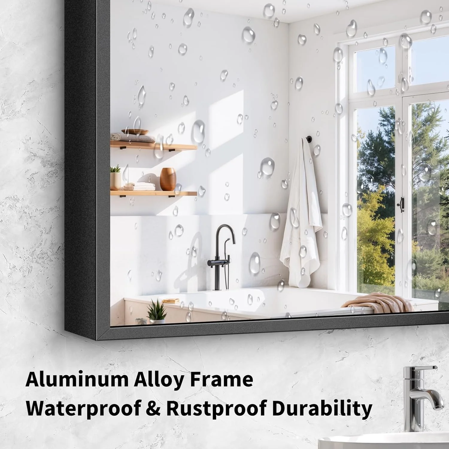 آینه حمام با قاب مشکی Koonmi - شیشه سکوریت نشکن 76x91 سانتی متر، HD بدون اعوجاج، نصب افقی/عمودی، قاب آلیاژ آلومینیوم مات مدرن