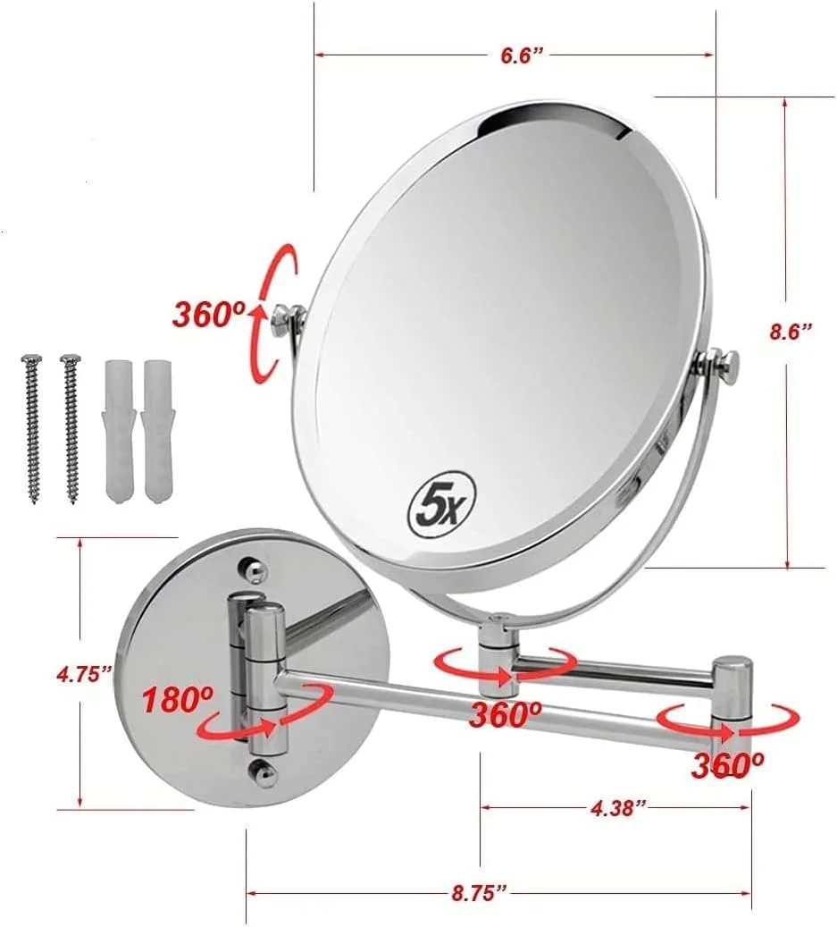آینه آرایشی دیواری KEPTFIT، دو طرفه با بزرگنمایی 5 برابر، چرخش 360 درجه، آینه روشویی آرایشی قابل گسترش برای حمام هتل ها - 8 اینچ آینه آرایشی دیواری KEPTFIT، دو طرفه با بزرگنمایی 5 برابر، چرخش 360 درجه، آینه روشویی آرایشی قابل گسترش برای حمام هتل ها - 8 اینچ
