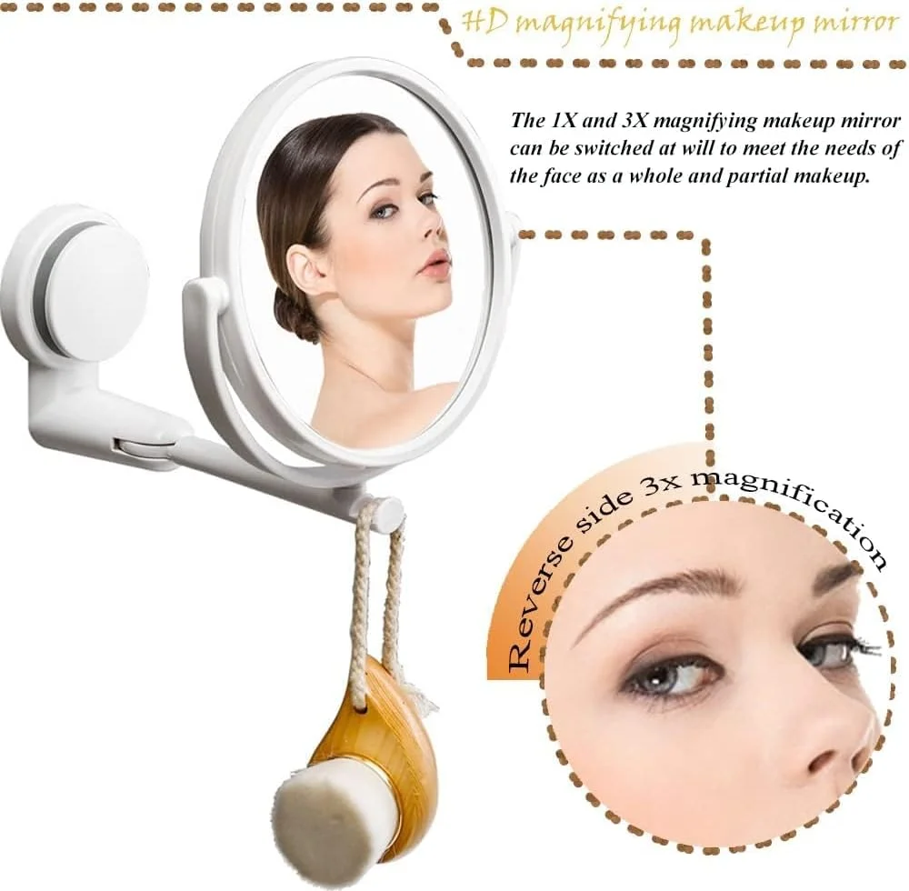 آینه آرایشی دیواری خزنه، آینه آرایشی دو طرفه 5.9 اینچی با بزرگنمایی 1X و 3X، آینه حمام چرخشی و قابل افزایش