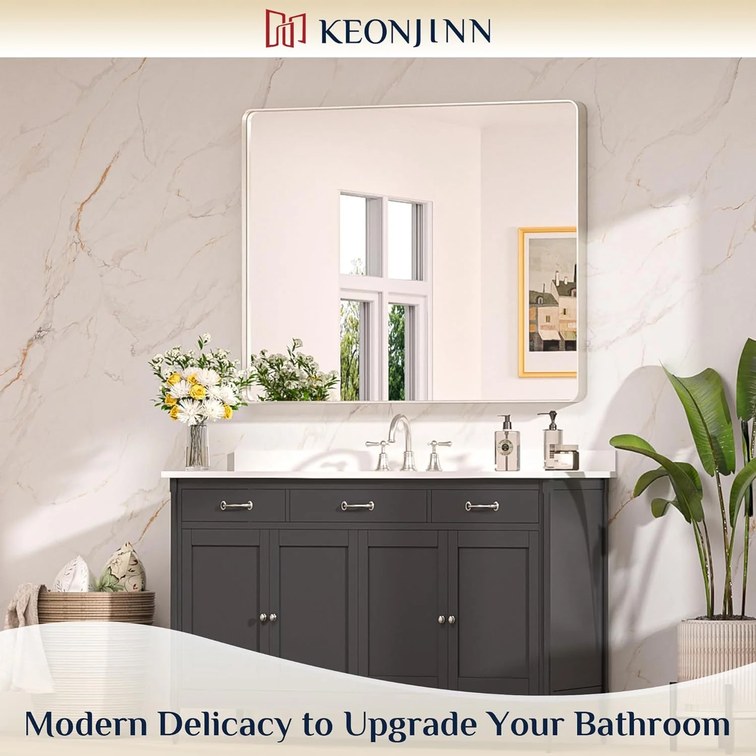 آینه روشویی مستطیلی گرد Keonjinn، 107x91 سانتی متر، با قاب فلزی نیکل برس خورده، آینه نقره ای بزرگ برای بالای سینک، شیشه سکوریت HD ضد خرد شدن (افقی/عمودی)