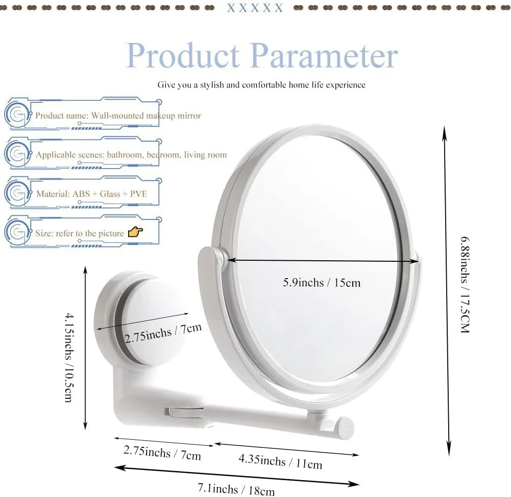 آینه آرایشی دیواری خزنه، آینه آرایشی دو طرفه 5.9 اینچی با بزرگنمایی 1X و 3X، آینه حمام چرخشی و قابل افزایش