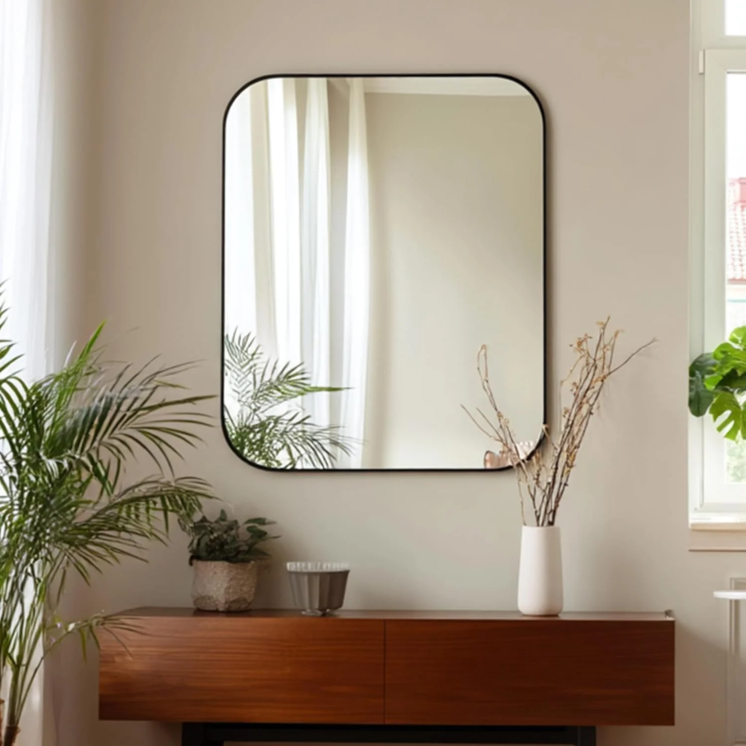 آینه مستطیلی 76x91 سانتی متری KOCUUY با قاب فلزی مشکی، طراحی مدرن شیشه ضد خرد شدن نصب شده روی دیوار، گوشه های گرد برای اتاق خواب، اتاق نشیمن، ورودی