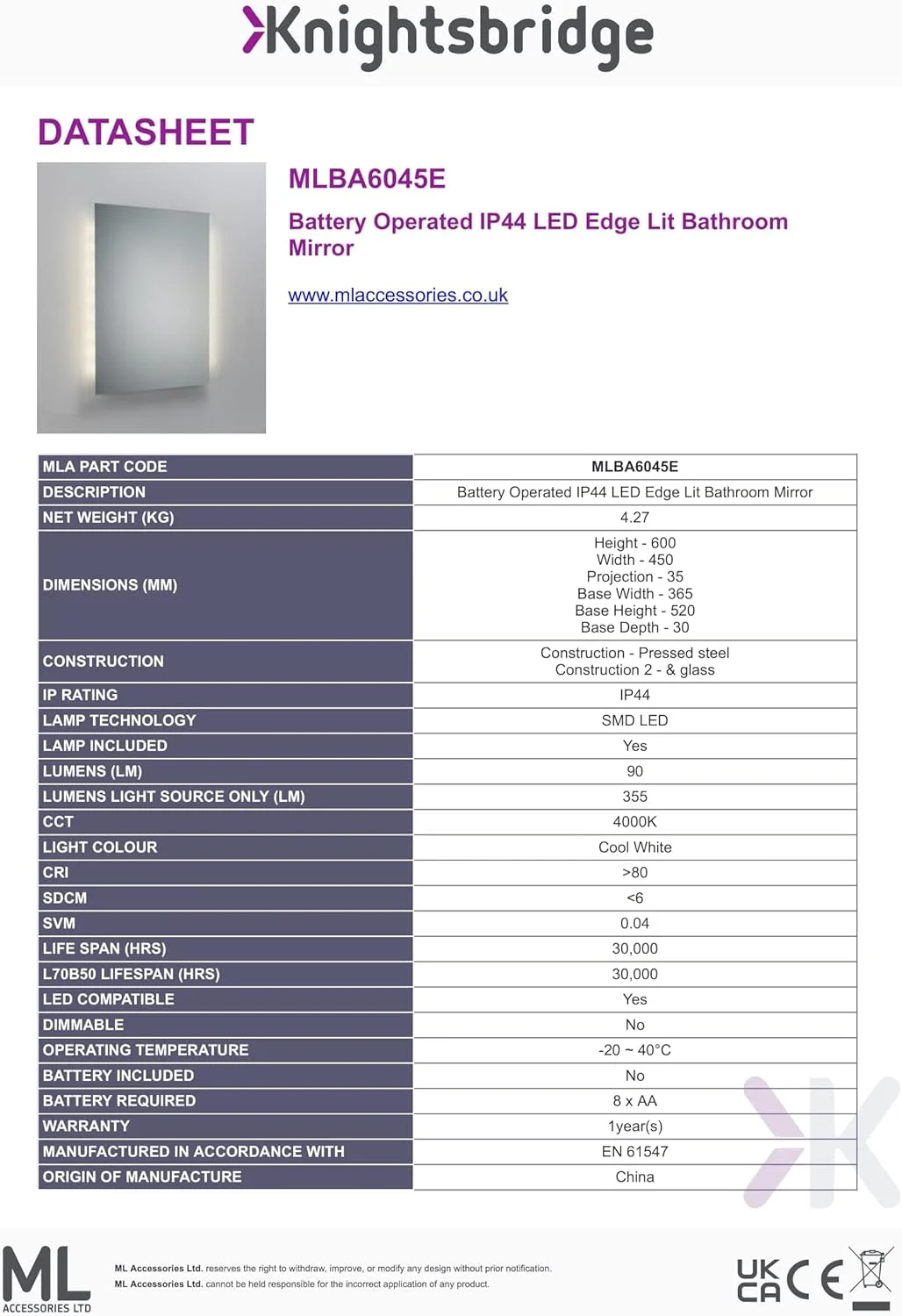 آینه حمام لبه روشن LED نایتسبریج با باتری IP44 آینه حمام لبه روشن LED نایتسبریج با باتری IP44