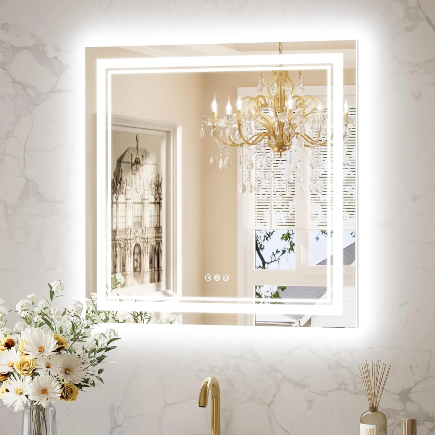 آینه LED حمام Keonjinn، سایز 76x76 سانتی متر، نورپردازی جلو و عقب، دمای رنگ قابل تنظیم و دیمر، درایور LED دارای گواهینامه UL، نوارهای LED دوبل، آینه ضد بخار روشویی با چراغ