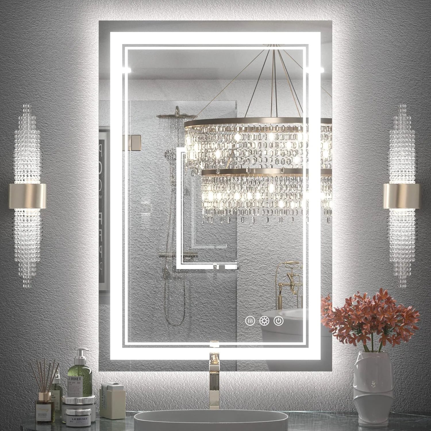 آینه حمام LED کیان جین، 60 در 90 سانتی متر با نور پس زمینه و جلو، دمای رنگ سه گانه و نور پس زمینه قابل تنظیم، درایور LED دارای گواهینامه UL، نوارهای LED دوتایی، آینه روشویی ضد مه برای دیوار