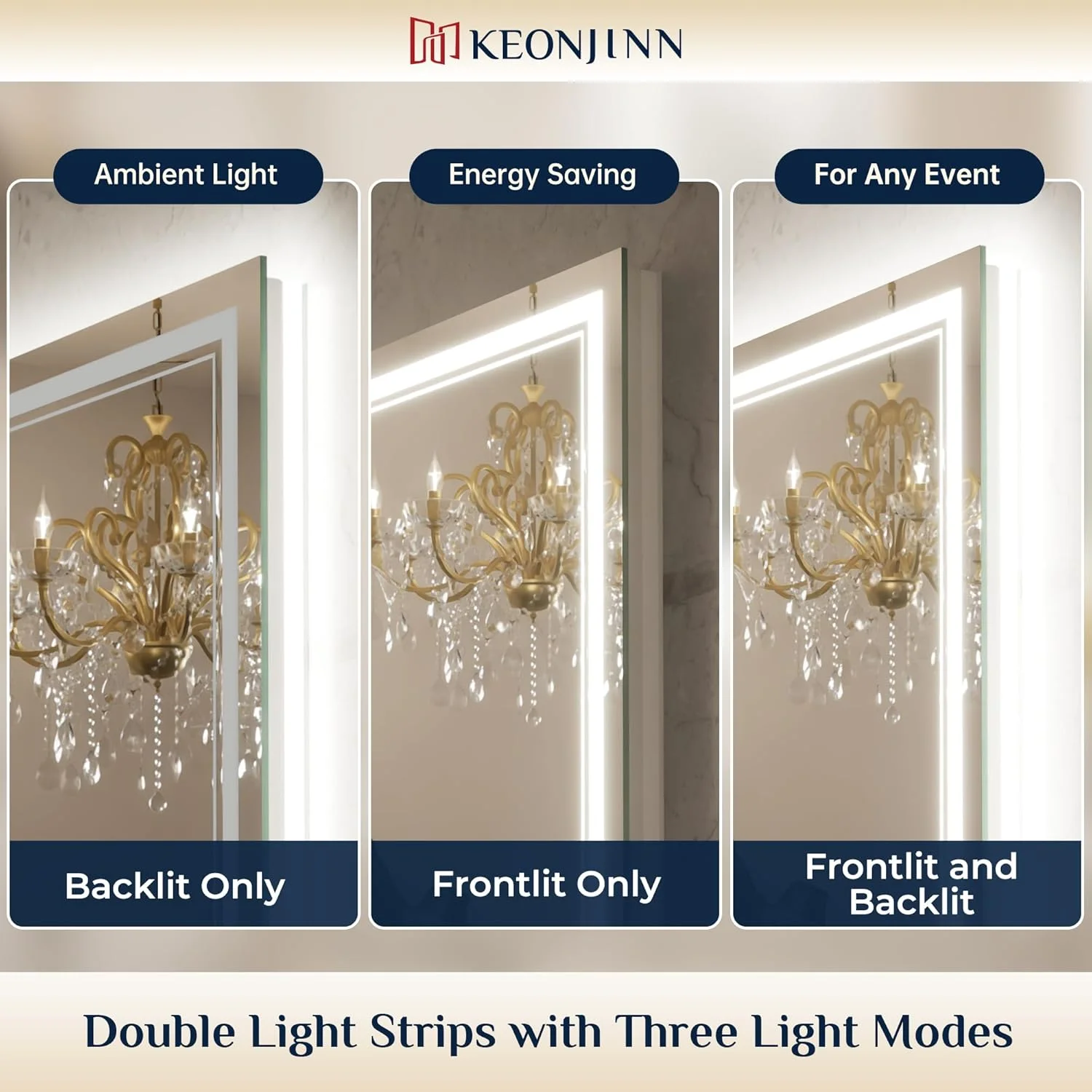 آینه LED حمام Keonjinn، سایز 76x76 سانتی متر، نورپردازی جلو و عقب، دمای رنگ قابل تنظیم و دیمر، درایور LED دارای گواهینامه UL، نوارهای LED دوبل، آینه ضد بخار روشویی با چراغ