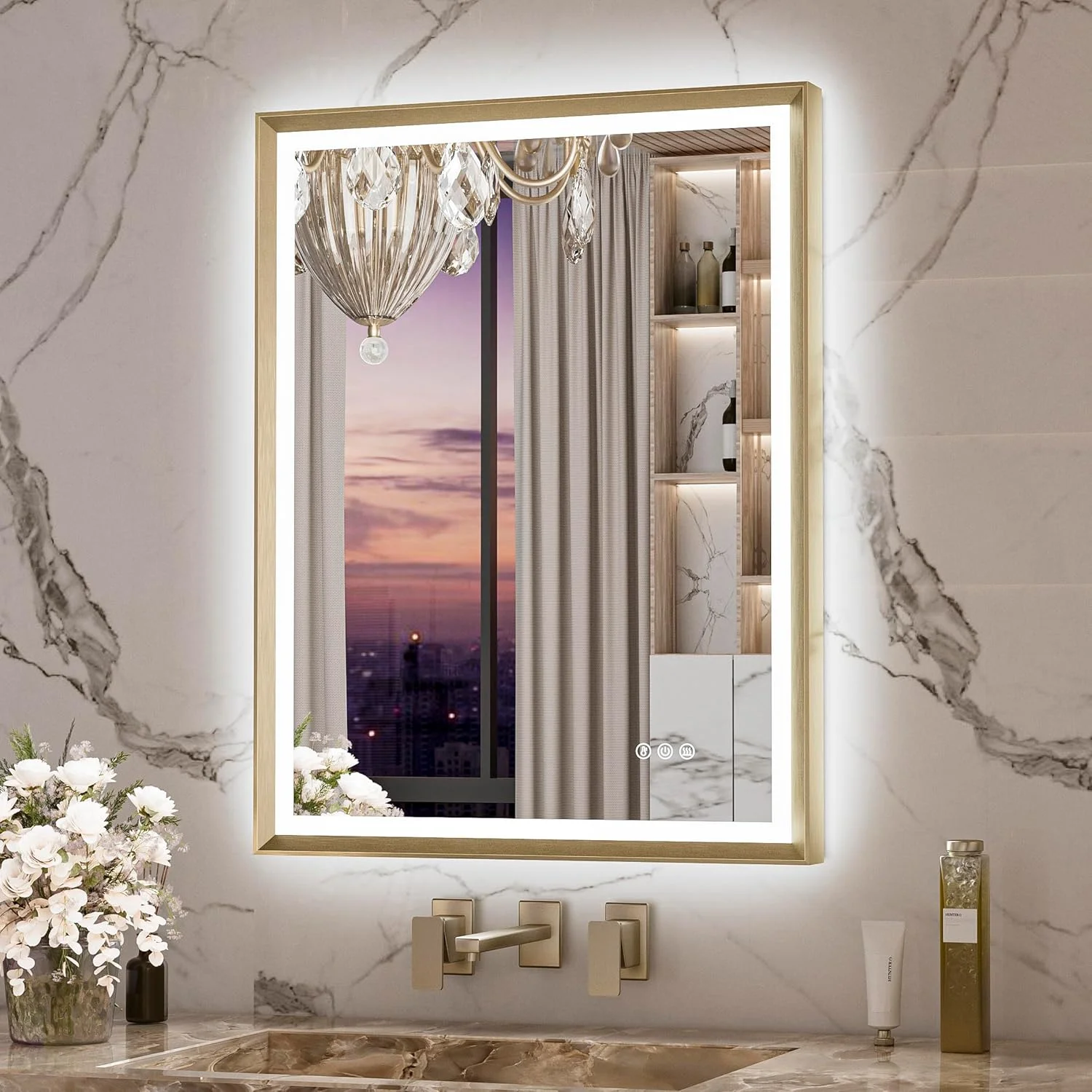 Keonjinn 24” x 32” LED Bathroom Mirror with Frontlit & Backlit, Black Metal Framed Beveled Edge Wall Mirror, Large LED Mirror with Anti Fog, Stepless 3-Color Temperature, UL-Listed LED Driver
