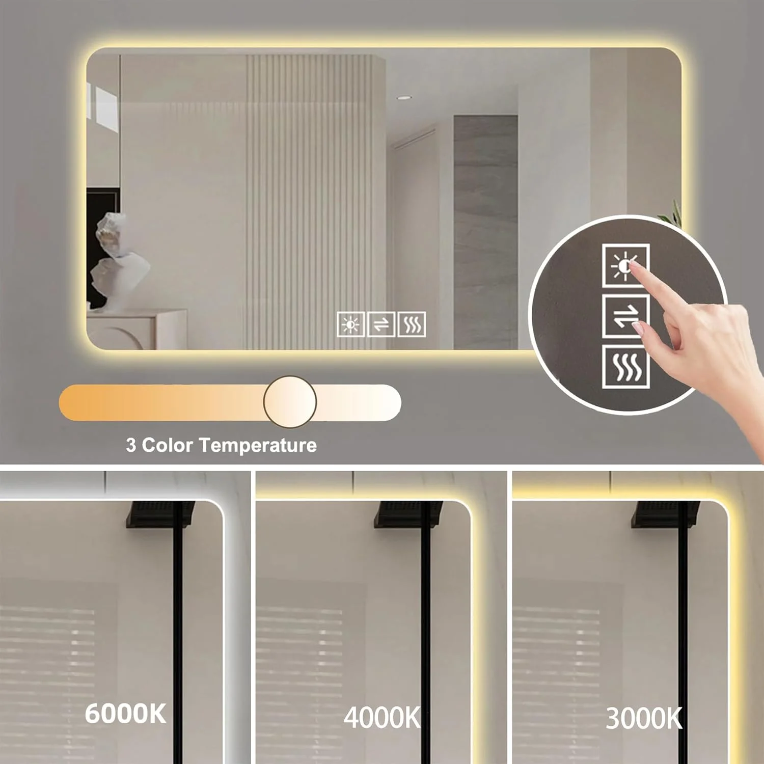 KEIKI 28" x 60" LED Bathroom Mirror, Anti-Fog Vanity Mirror, Wall Mounted Lighted Bathroom Mirror, 3 Colors, Corrosion-Resistant, Shatter-Proof