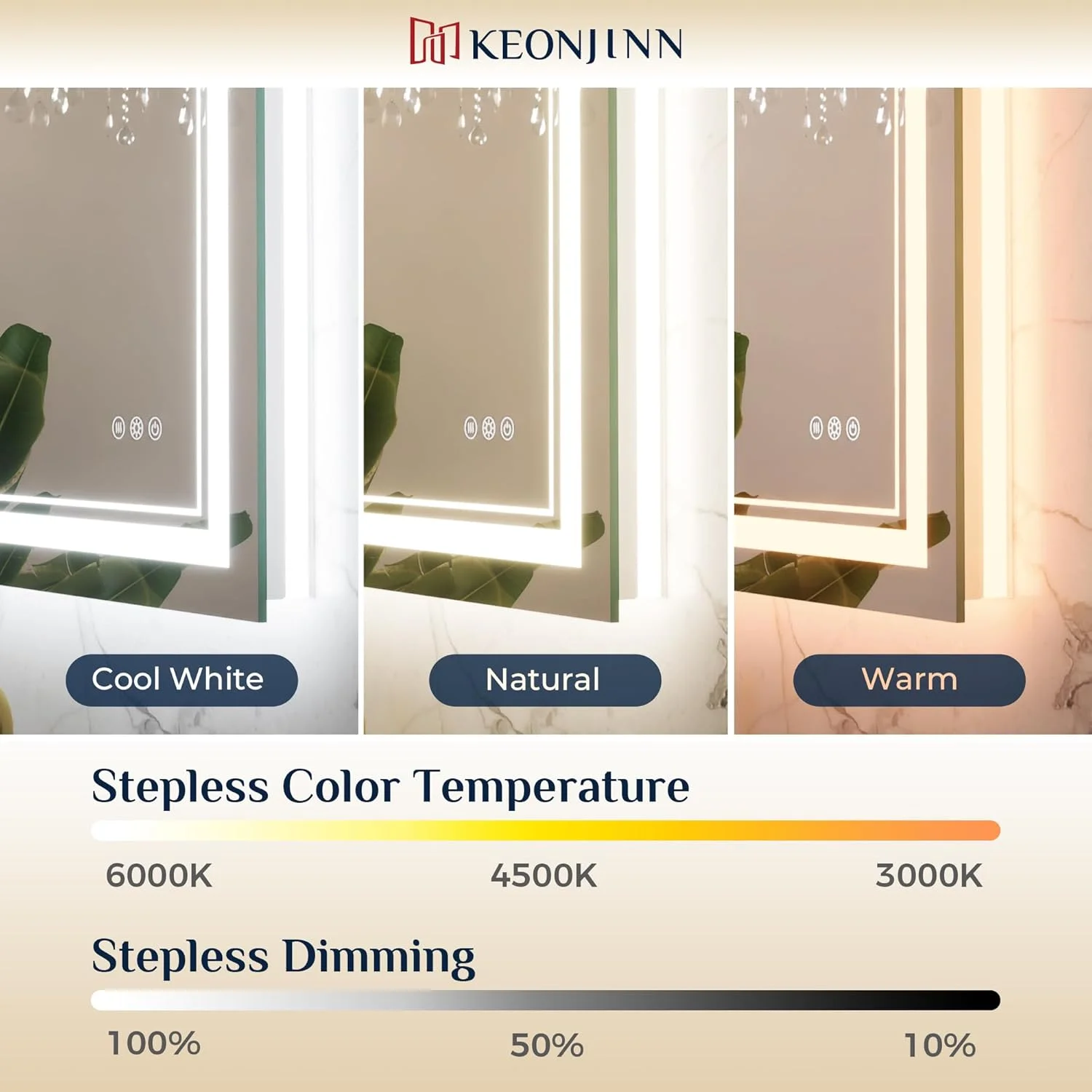 آینه LED حمام Keonjinn، سایز 76x76 سانتی متر، نورپردازی جلو و عقب، دمای رنگ قابل تنظیم و دیمر، درایور LED دارای گواهینامه UL، نوارهای LED دوبل، آینه ضد بخار روشویی با چراغ