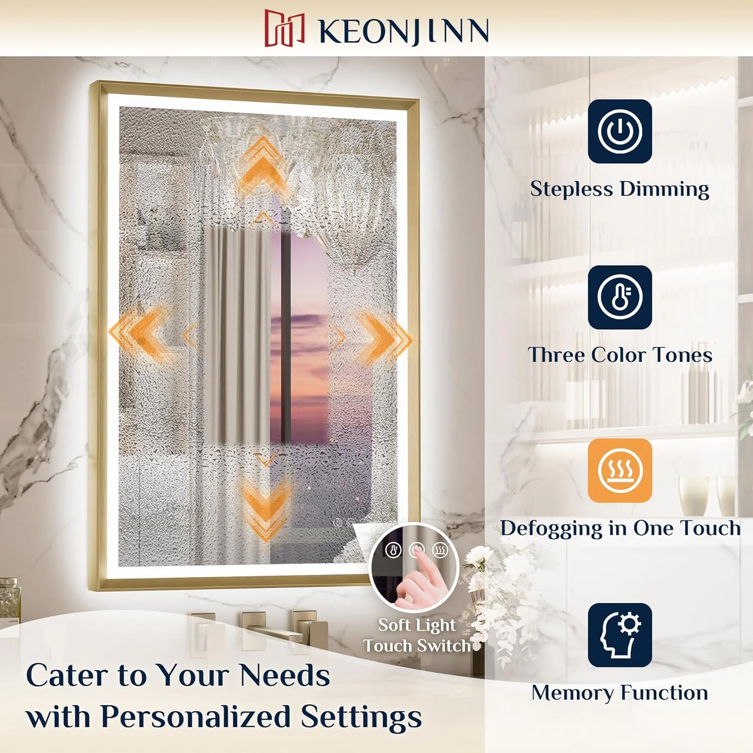 Keonjinn 24” x 32” LED Bathroom Mirror with Frontlit & Backlit, Black Metal Framed Beveled Edge Wall Mirror, Large LED Mirror with Anti Fog, Stepless 3-Color Temperature, UL-Listed LED Driver