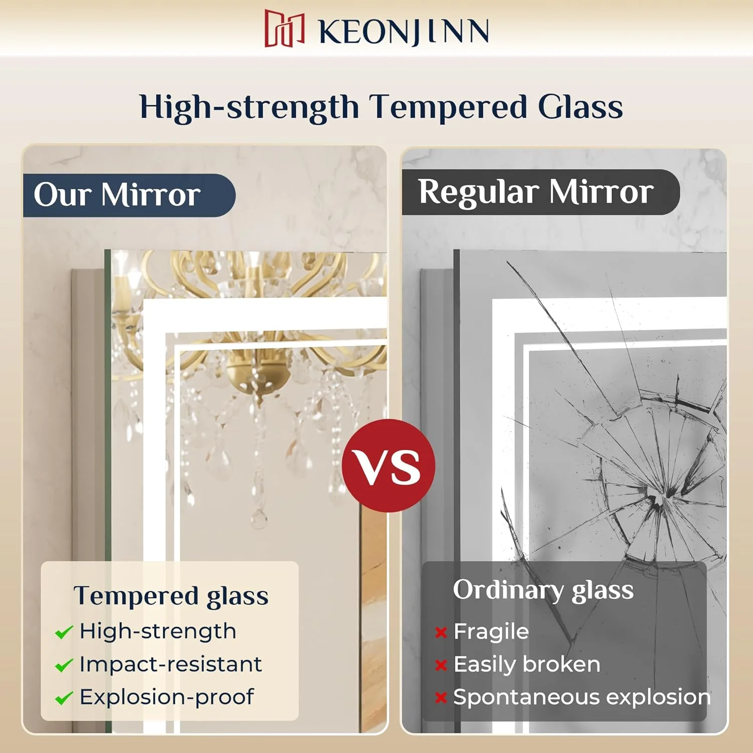 آینه LED حمام Keonjinn، سایز 76x76 سانتی متر، نورپردازی جلو و عقب، دمای رنگ قابل تنظیم و دیمر، درایور LED دارای گواهینامه UL، نوارهای LED دوبل، آینه ضد بخار روشویی با چراغ