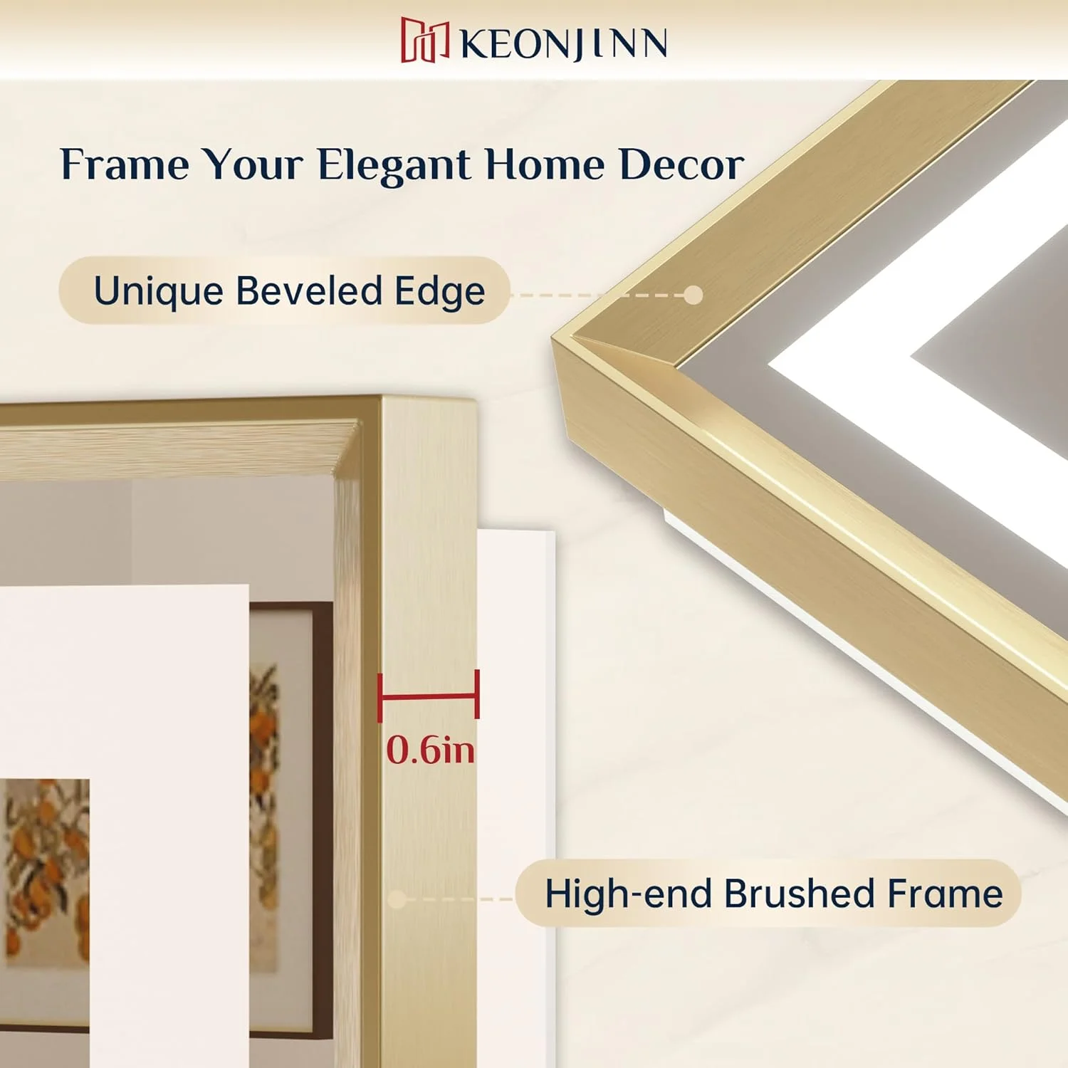 آینه حمام ال ای دی Keonjinn، 60x75 سانتی متر، آینه قاب طلایی برس خورده با نور جلو و نور پس زمینه، آینه روشویی ضد مه با نورهای 3 رنگ کم نور شونده پیوسته برای دیوار حمام