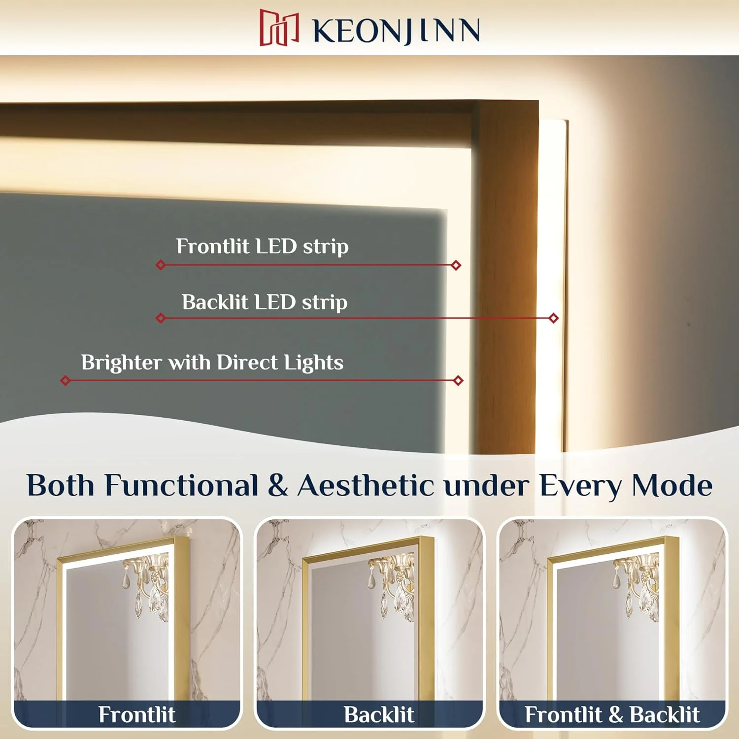 Keonjinn 24” x 32” LED Bathroom Mirror with Frontlit & Backlit, Black Metal Framed Beveled Edge Wall Mirror, Large LED Mirror with Anti Fog, Stepless 3-Color Temperature, UL-Listed LED Driver