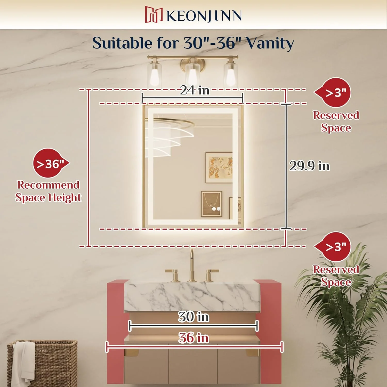 آینه حمام ال ای دی Keonjinn، 60x75 سانتی متر، آینه قاب طلایی برس خورده با نور جلو و نور پس زمینه، آینه روشویی ضد مه با نورهای 3 رنگ کم نور شونده پیوسته برای دیوار حمام