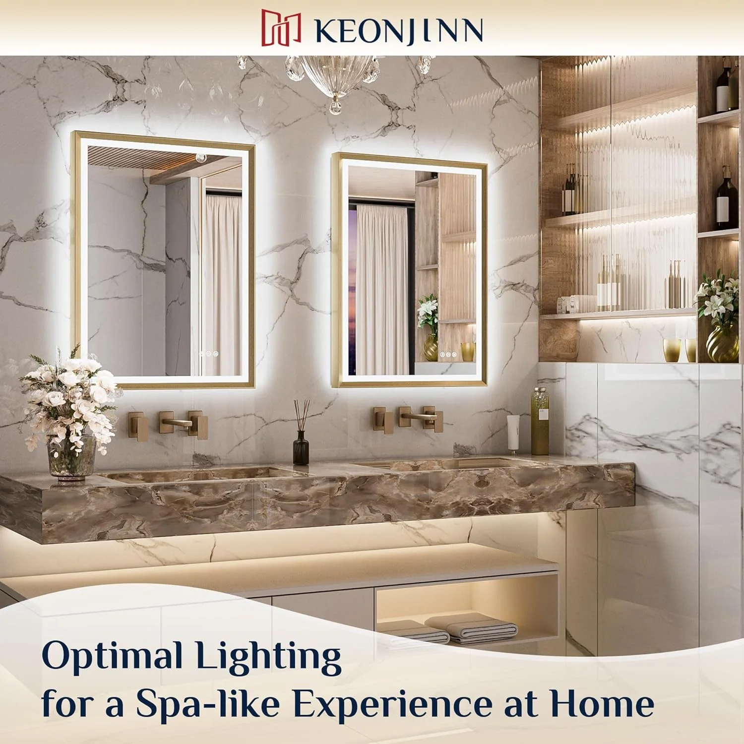 Keonjinn 24” x 32” LED Bathroom Mirror with Frontlit & Backlit, Black Metal Framed Beveled Edge Wall Mirror, Large LED Mirror with Anti Fog, Stepless 3-Color Temperature, UL-Listed LED Driver