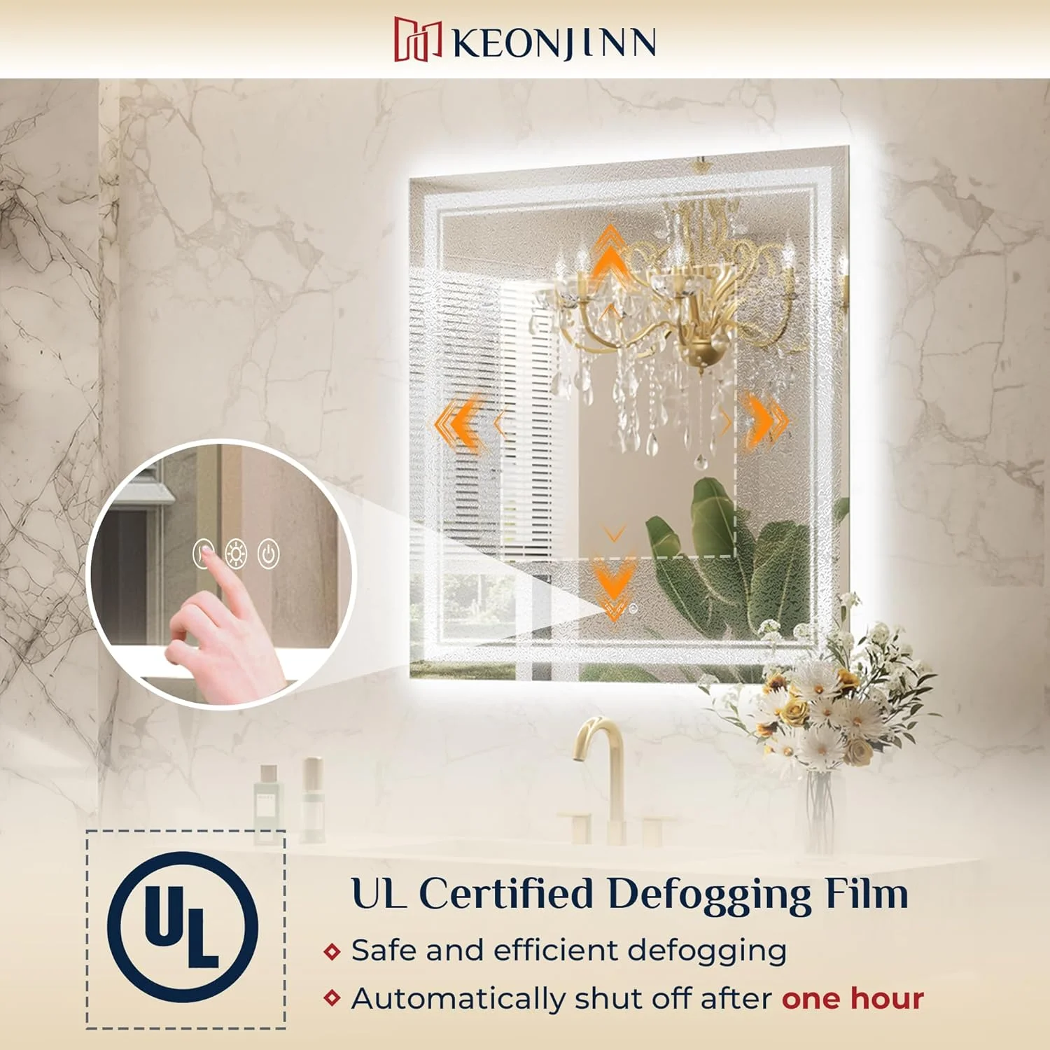 آینه LED حمام Keonjinn، سایز 76x76 سانتی متر، نورپردازی جلو و عقب، دمای رنگ قابل تنظیم و دیمر، درایور LED دارای گواهینامه UL، نوارهای LED دوبل، آینه ضد بخار روشویی با چراغ