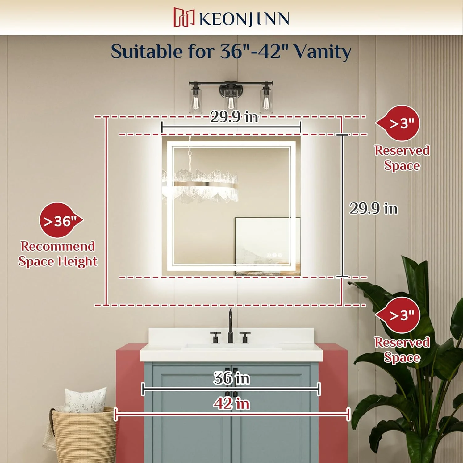 آینه LED حمام Keonjinn، سایز 76x76 سانتی متر، نورپردازی جلو و عقب، دمای رنگ قابل تنظیم و دیمر، درایور LED دارای گواهینامه UL، نوارهای LED دوبل، آینه ضد بخار روشویی با چراغ