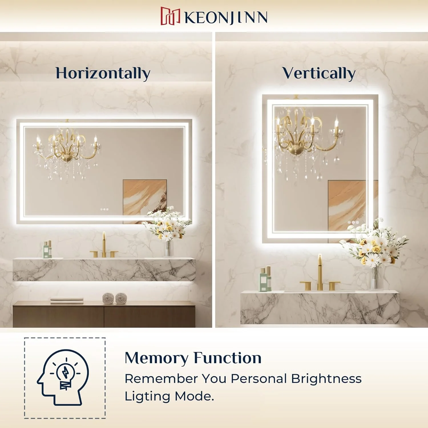 آینه LED حمام Keonjinn، سایز 76x76 سانتی متر، نورپردازی جلو و عقب، دمای رنگ قابل تنظیم و دیمر، درایور LED دارای گواهینامه UL، نوارهای LED دوبل، آینه ضد بخار روشویی با چراغ