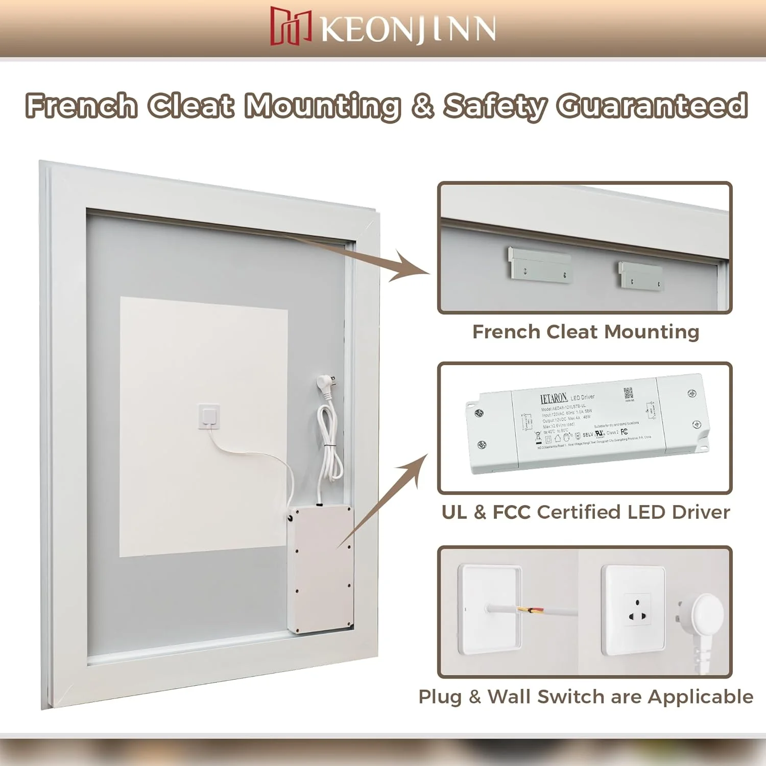 آینه LED حمام Keonjinn، سایز 76x76 سانتی متر، نورپردازی جلو و عقب، دمای رنگ قابل تنظیم و دیمر، درایور LED دارای گواهینامه UL، نوارهای LED دوبل، آینه ضد بخار روشویی با چراغ
