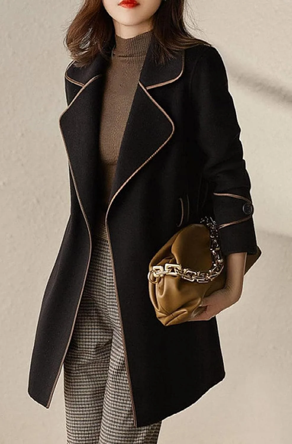 کت پالتویی زنانه CHARTOU، یقه برگردان، ترکیب پشم، میدی-بلند، به همراه کمربند