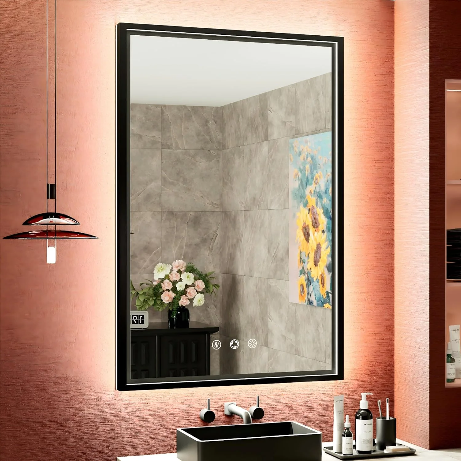 آینه حمام ال ای دی مشکی JSneijder با ابعاد 60 در 90 سانتی متر، دارای چراغ های دوگانه جلو و عقب، 3 رنگ قابل تنظیم و دیمر - طراحی شیشه شناور - آینه روشویی ضد مه