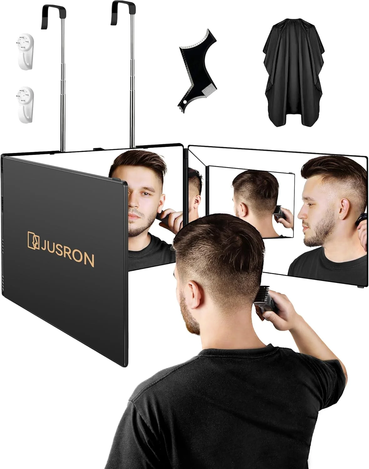 آینه سه طرفه JUSRON برای اصلاح مو، آینه 360 درجه با قلاب های قابل تنظیم ارتفاع برای در، حمام، آینه قابل حمل سه تایی اصلاح آرایشگری برای آرایش، برش، مرتب کردن، هدیه اصلاح (مشکی بدون LED)