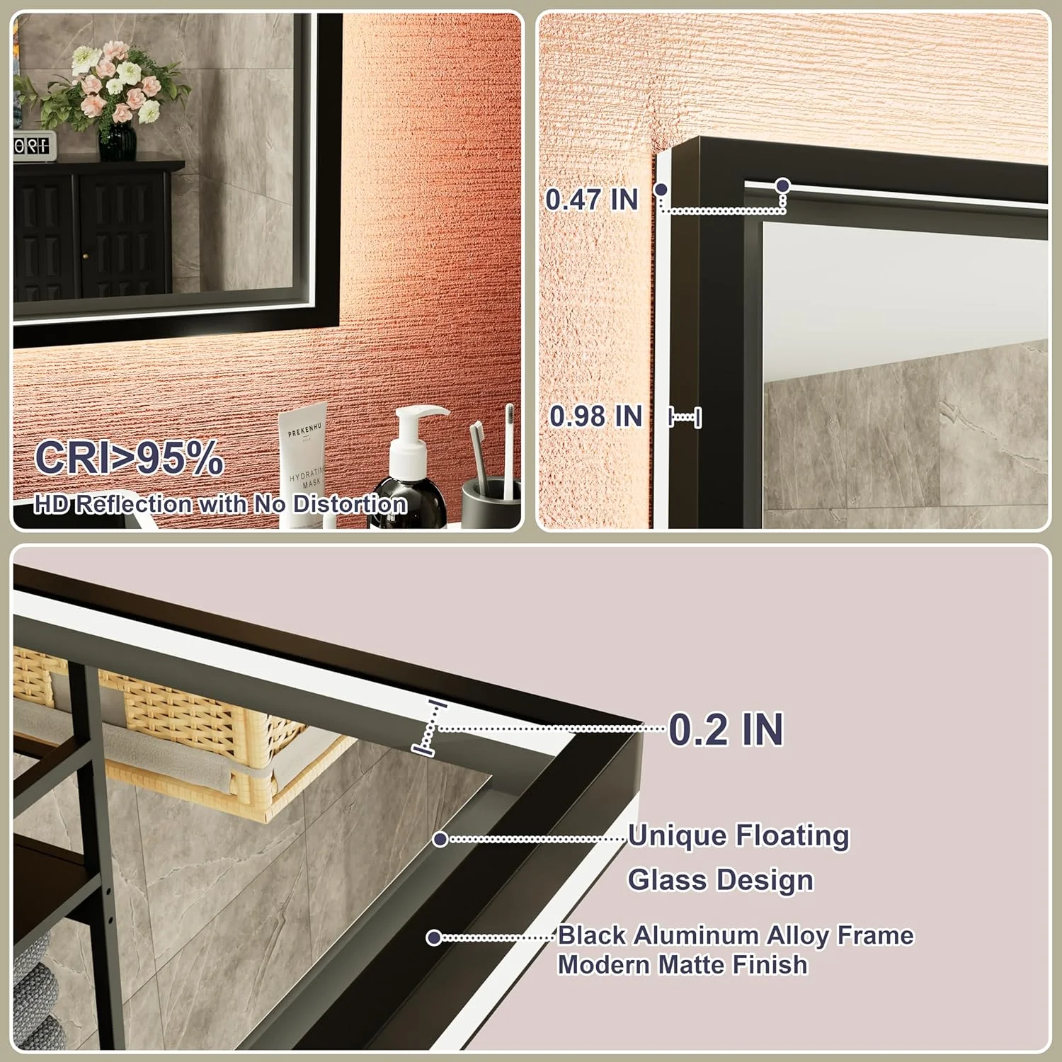 آینه حمام ال ای دی مشکی JSneijder با ابعاد 60 در 90 سانتی متر، دارای چراغ های دوگانه جلو و عقب، 3 رنگ قابل تنظیم و دیمر - طراحی شیشه شناور - آینه روشویی ضد مه