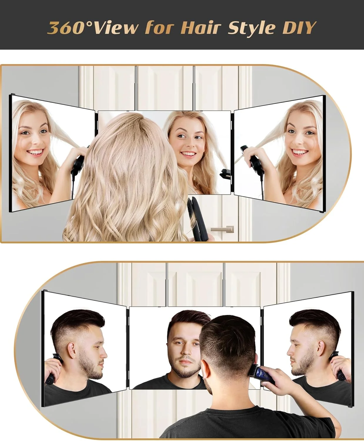آینه سه طرفه JUSRON برای اصلاح مو، آینه 360 درجه با قلاب های قابل تنظیم ارتفاع برای در، حمام، آینه قابل حمل سه تایی اصلاح آرایشگری برای آرایش، برش، مرتب کردن، هدیه اصلاح (مشکی بدون LED) آینه سه طرفه JUSRON برای اصلاح مو، آینه 360 درجه با قلاب های قابل تنظیم ارتفاع برای در، حمام، آینه قابل حمل سه تایی اصلاح آرایشگری برای آرایش، برش، مرتب کردن، هدیه اصلاح (مشکی بدون LED)