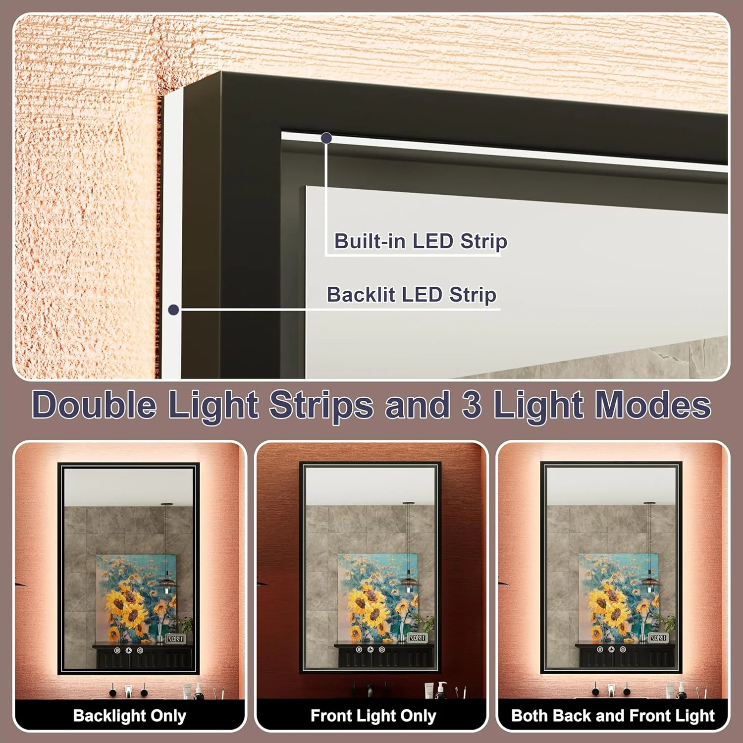 آینه حمام ال ای دی مشکی JSneijder با ابعاد 60 در 90 سانتی متر، دارای چراغ های دوگانه جلو و عقب، 3 رنگ قابل تنظیم و دیمر - طراحی شیشه شناور - آینه روشویی ضد مه