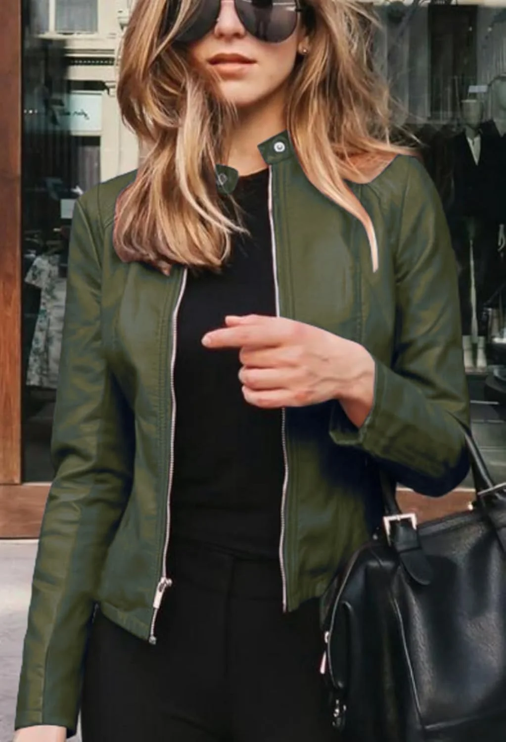 کت چرم مصنوعی زنانه، مناسب پاییز و زمستان، استایل خیابانی، فیت اسلیم، یقه ایستاده و زیپ دار