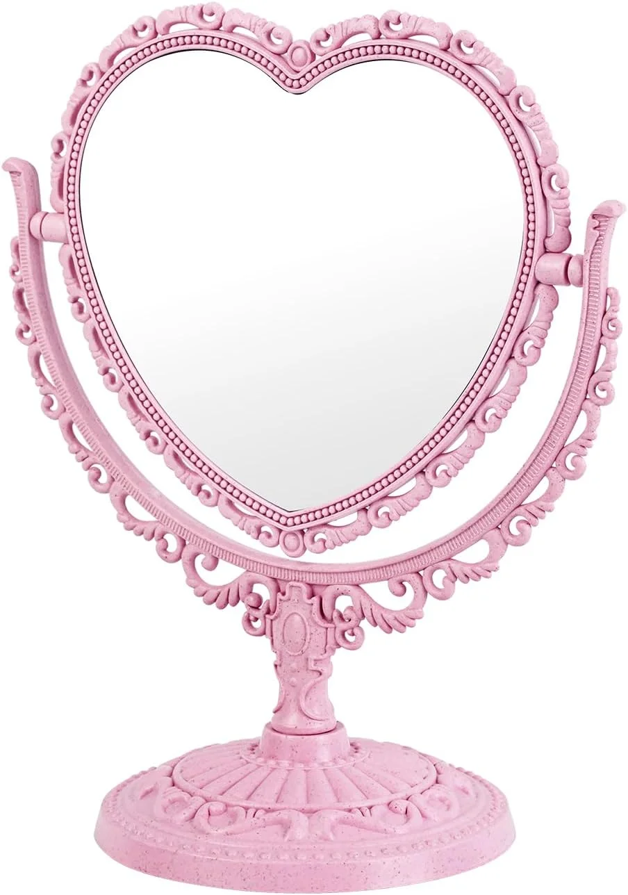 آینه رومیزی فانتزی طرح قلب JDPEYI، آینه دو طرفه چرخشی با پایه، مناسب دکور اتاق دخترانه (صورتی)