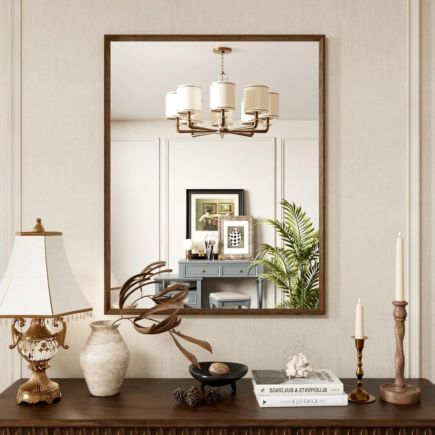 آینه مستطیلی گردویی رنگ ۲۸x۳۶ اینچ JISOSO برای حمام، شیشه مقاوم ۴ میلی متری، آینه مدرن روشویی برای حمام، قابل نصب افقی یا عمودی روی دیوار