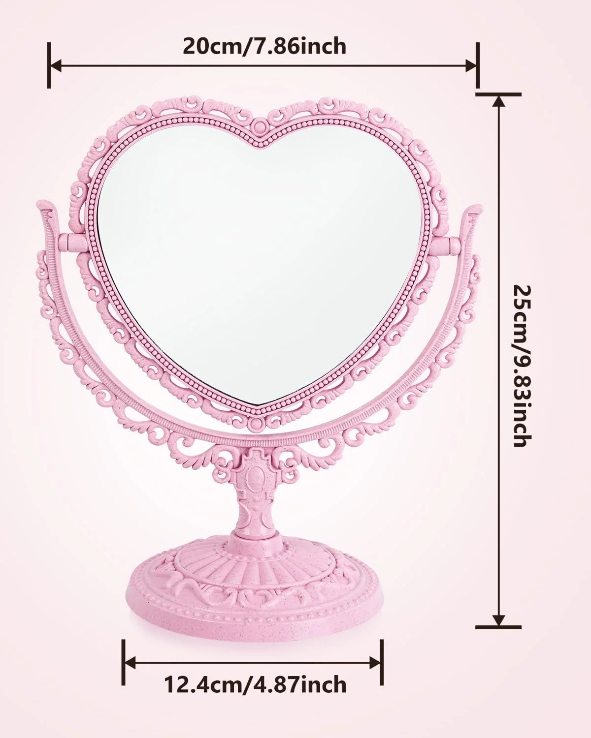آینه رومیزی فانتزی طرح قلب JDPEYI، آینه دو طرفه چرخشی با پایه، مناسب دکور اتاق دخترانه (صورتی)