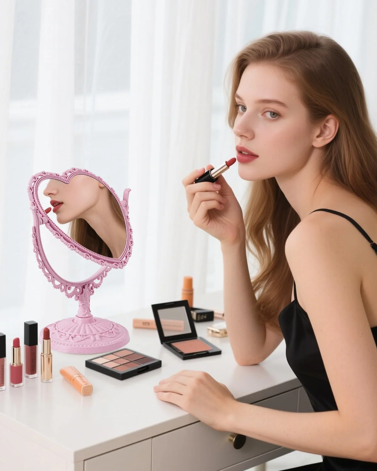 آینه رومیزی فانتزی طرح قلب JDPEYI، آینه دو طرفه چرخشی با پایه، مناسب دکور اتاق دخترانه (صورتی)