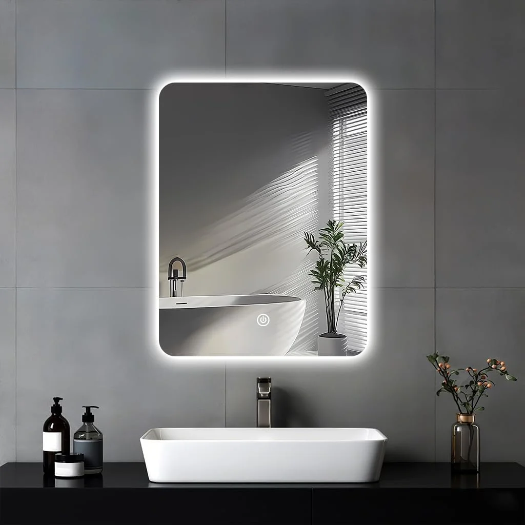 آینه حمام LED جاموبوچه برای بالای سینک، آینه روشویی 45x60 سانتی متر با نور پس زمینه برای اصلاح صورت و دوش، نورپردازی 3 رنگ قابل تنظیم، نصب دیواری، IP54