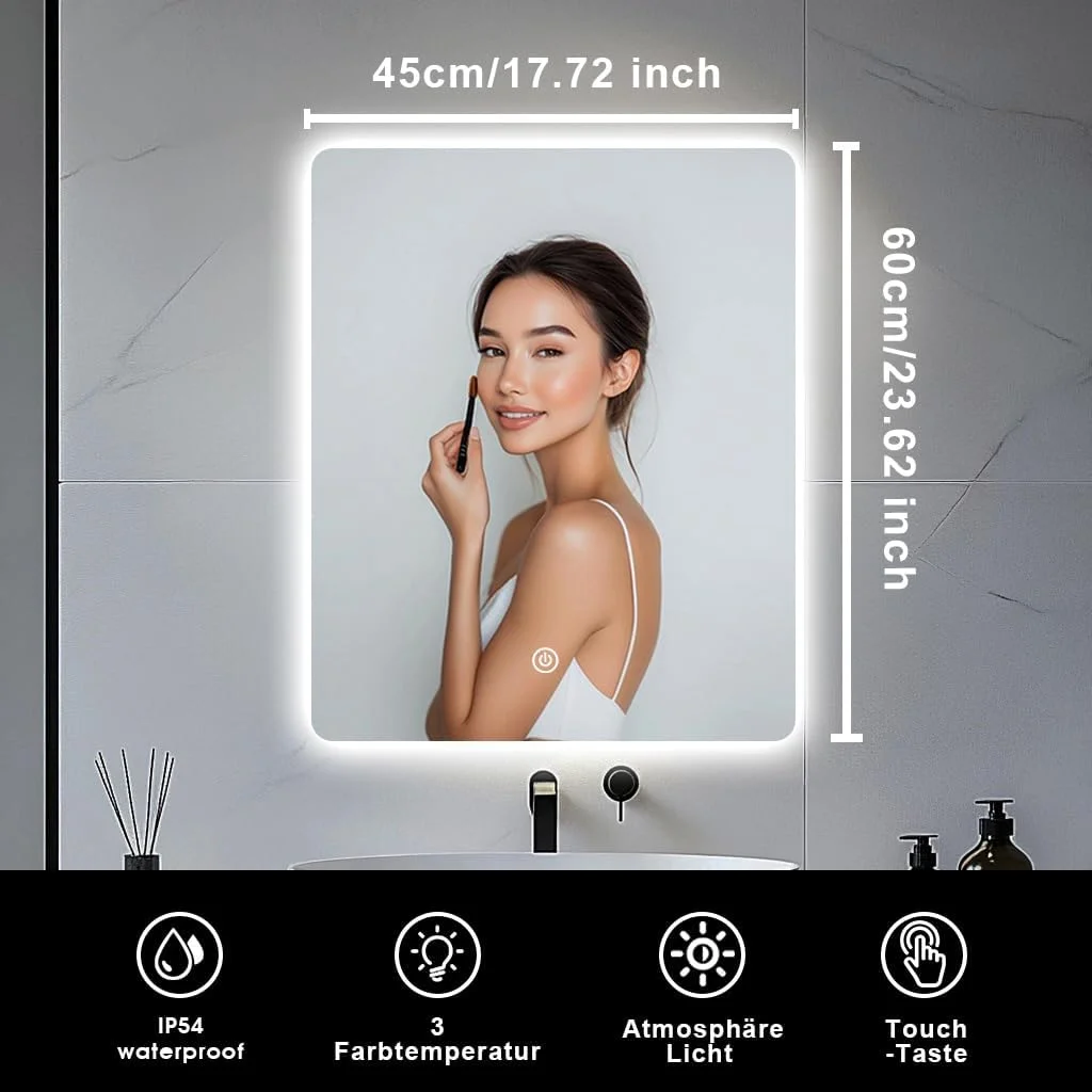 آینه حمام LED جاموبوچه برای بالای سینک، آینه روشویی 45x60 سانتی متر با نور پس زمینه برای اصلاح صورت و دوش، نورپردازی 3 رنگ قابل تنظیم، نصب دیواری، IP54