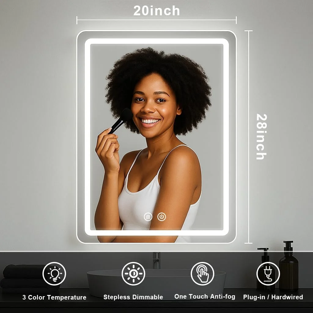 آینه حمام LED JOHALXER، آینه آرایشی 50x70 سانتیمتر با نور پسزمینه برای اصلاح، آینه بدون بخار دیواری با دیمر، نورپردازی 3 رنگ، IP54 آینه حمام LED JOHALXER، آینه آرایشی 50x70 سانتیمتر با نور پسزمینه برای اصلاح، آینه بدون بخار دیواری با دیمر، نورپردازی 3 رنگ، IP54