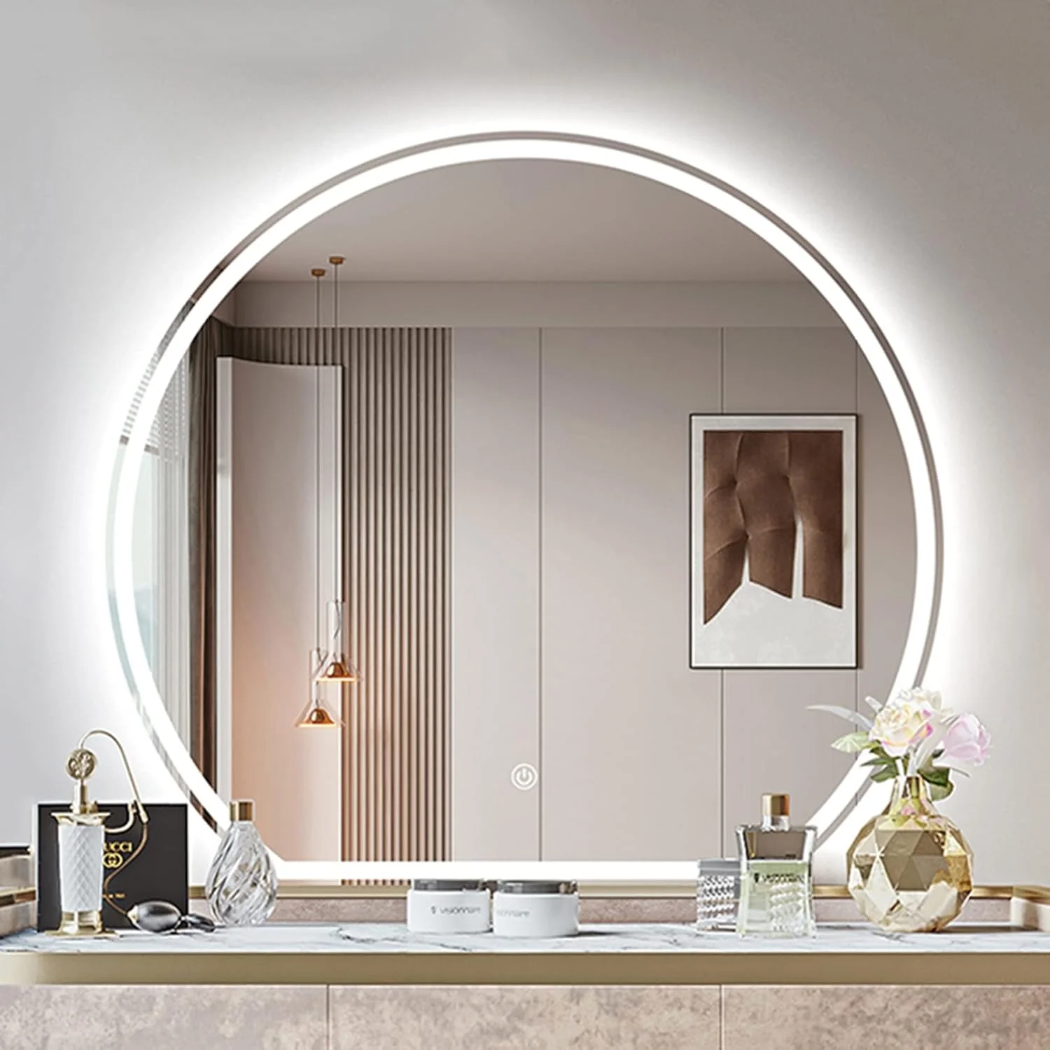 آینه دیواری نیم دایره نامنظم LED، آینه حمام بدون قاب با قابلیت تنظیم 3000K/4000K/6000K، دکمه لمسی هوشمند، آینه آرایش روشن با نور قابل تنظیم پیوسته (سایز: 80 سانتی متر)
