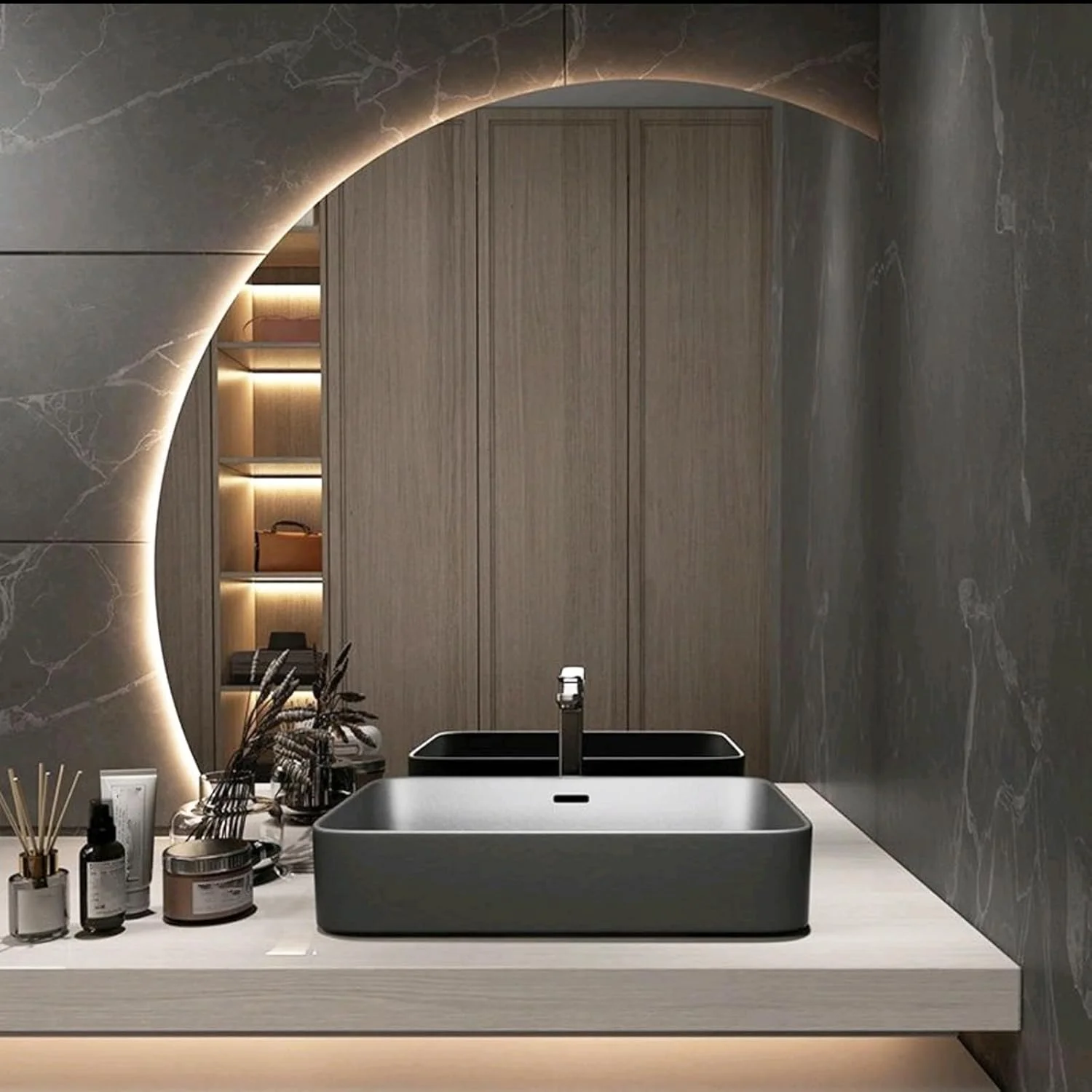 آینه حمام LED نیم دایره نامنظم، آینه های دیواری بزرگ با ضد مه، دیمر، HD، ضد انفجار، 3 رنگ نور LED، آینه روشویی LED 50CM|60CM|70CM|80CM|90CM (رنگ: Col)