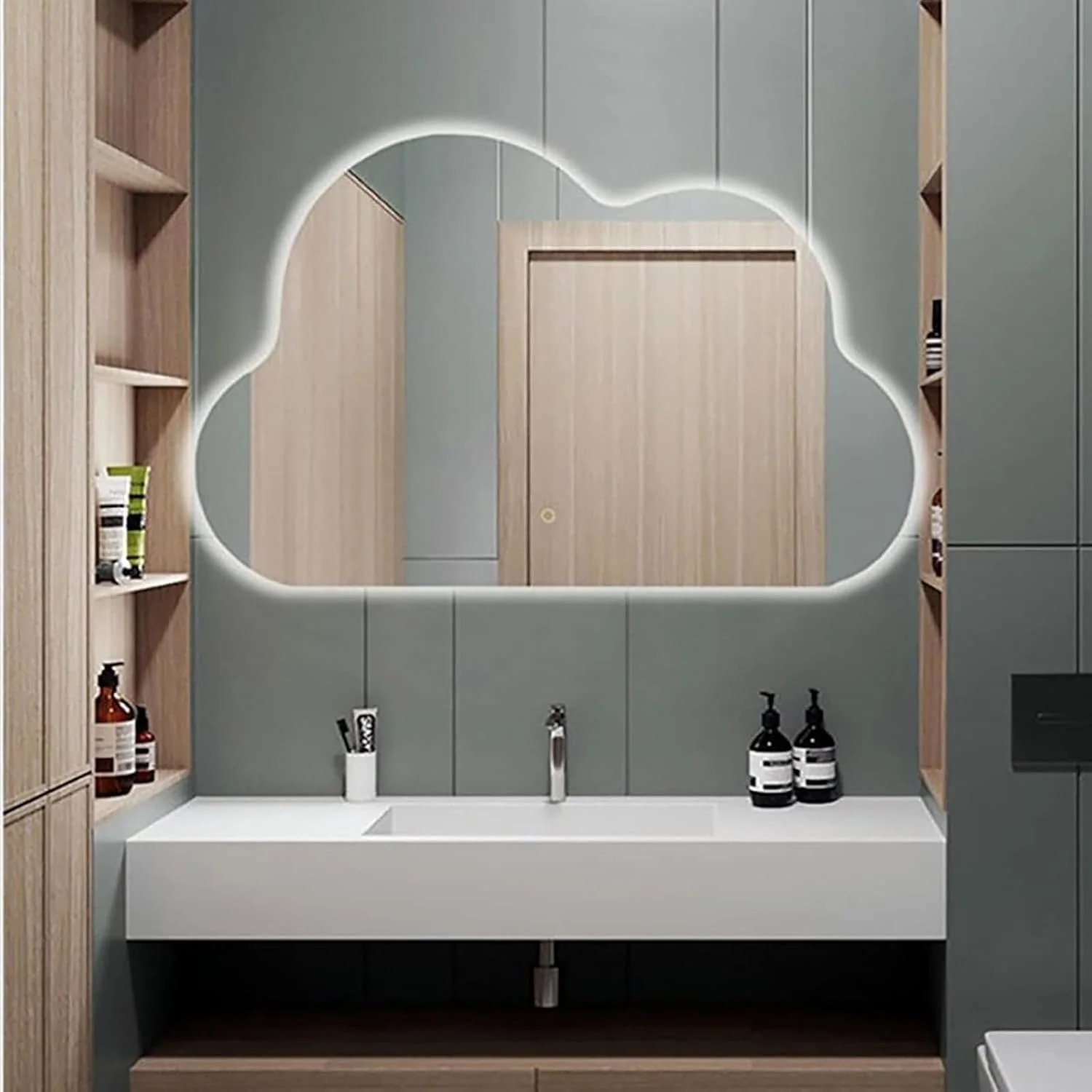 آینه آرایشی نامنظم با چراغ، آینه ال ای دی 60/70/80 سانتی متری، آینه حمام نورانی، آینه روشن کننده نامتقارن، آینه هوشمند ابری با قابلیت تنظیم 3 رنگ