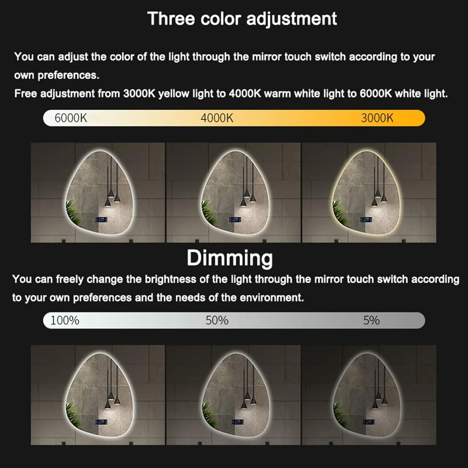 آینه دیواری LED طرح قطره آب نامنظم، آینه حمام بدون قاب مدرن با قابلیت تنظیم 3000K/4000K/6000K، دکمه لمسی هوشمند، آینه آرایش روشن با نور قابل تنظیم