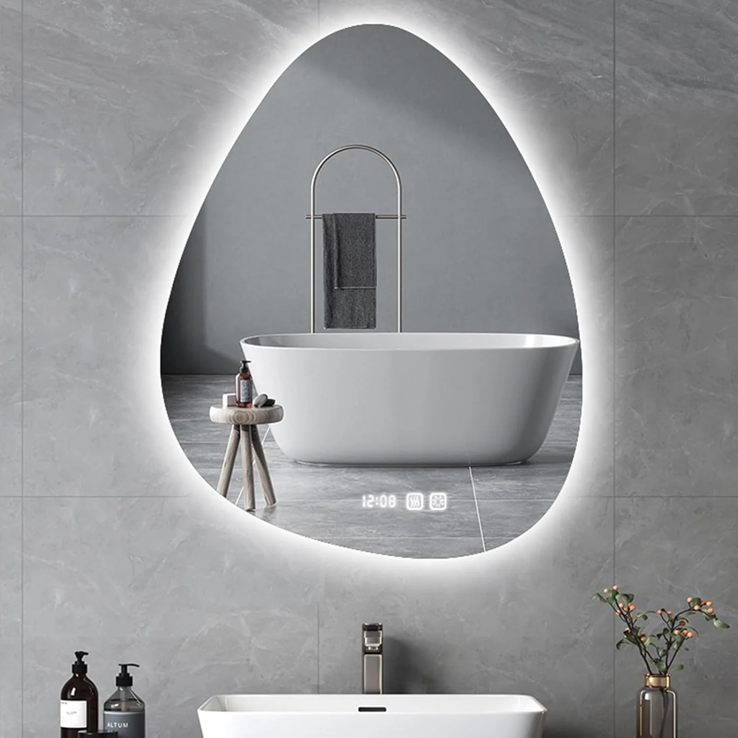 آینه حمام LED نامنظم، آینه حمام با نور پس زمینه سه رنگ و قابلیت تنظیم نور، کنترل لمسی هوشمند، ضد بخار، آینه دیواری چراغ دار برای حمام، ورودی، رختکن (نور سفید)